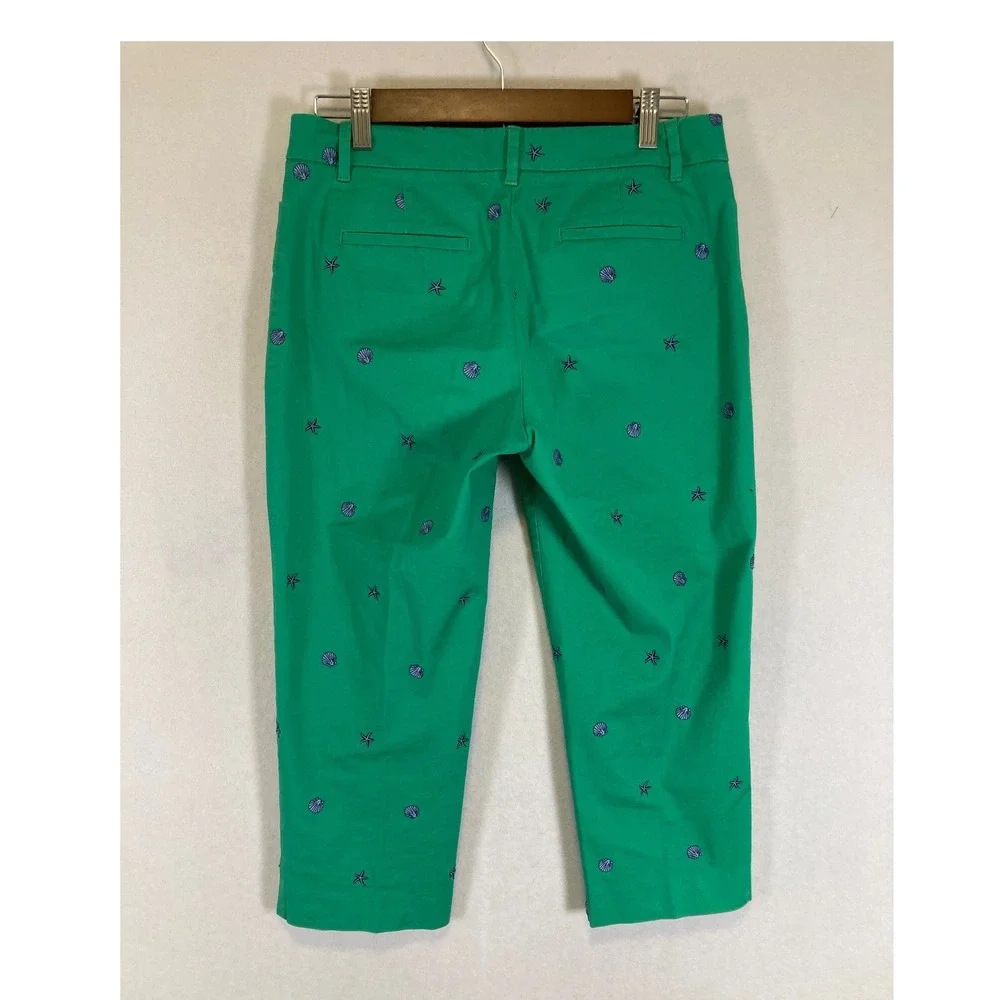 Coastal Preppy Talbots Women 4P Green‎ Embroidered Shell Starfish Ankle Pants